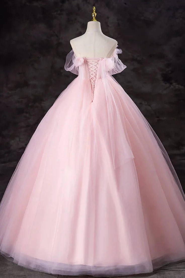 Blush Pink Off-the-Shoulder Ruffle Tulle Ball Gown with Lace-Up Back