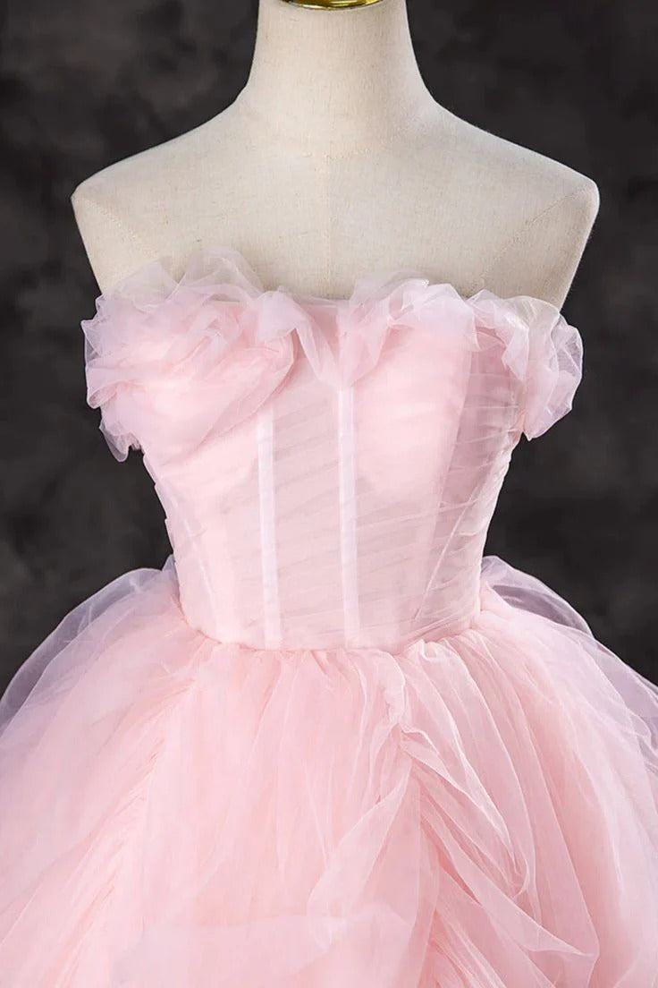 Blush Pink Off-the-Shoulder Ruffle Tulle Ball Gown with Lace-Up Back