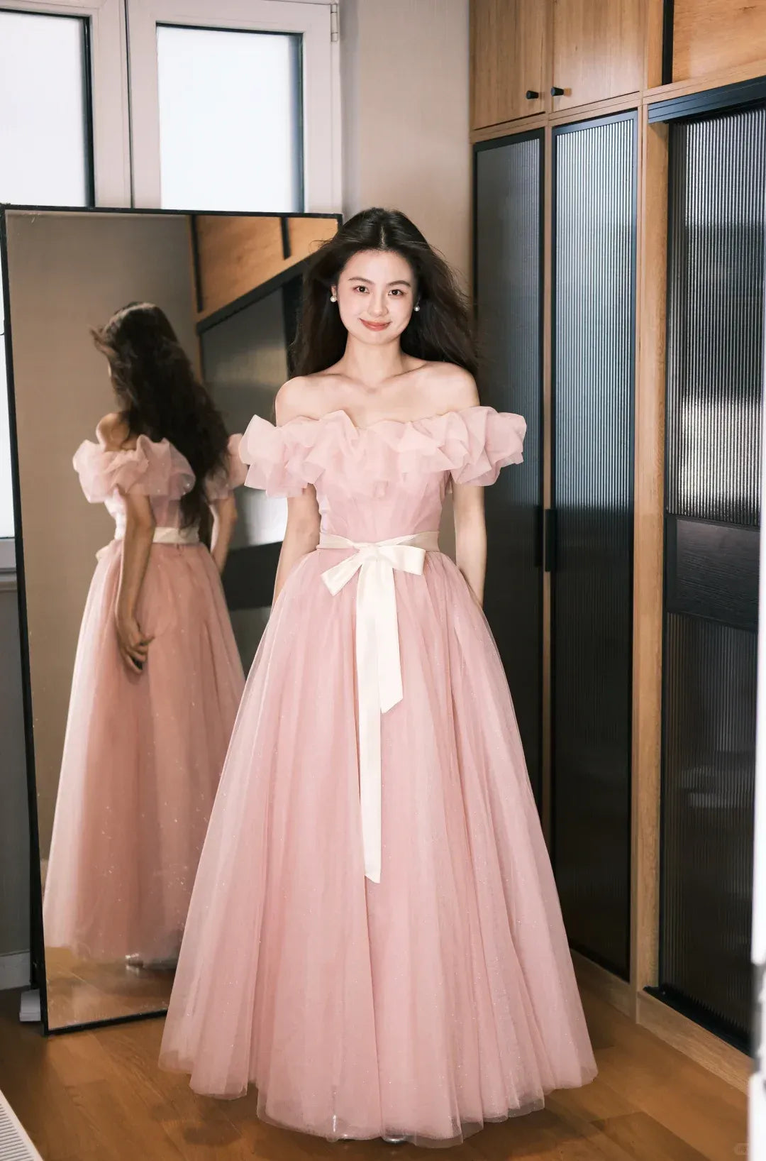 Blush Pink Off-the-Shoulder Ruffled Tulle Gown with Satin Sash