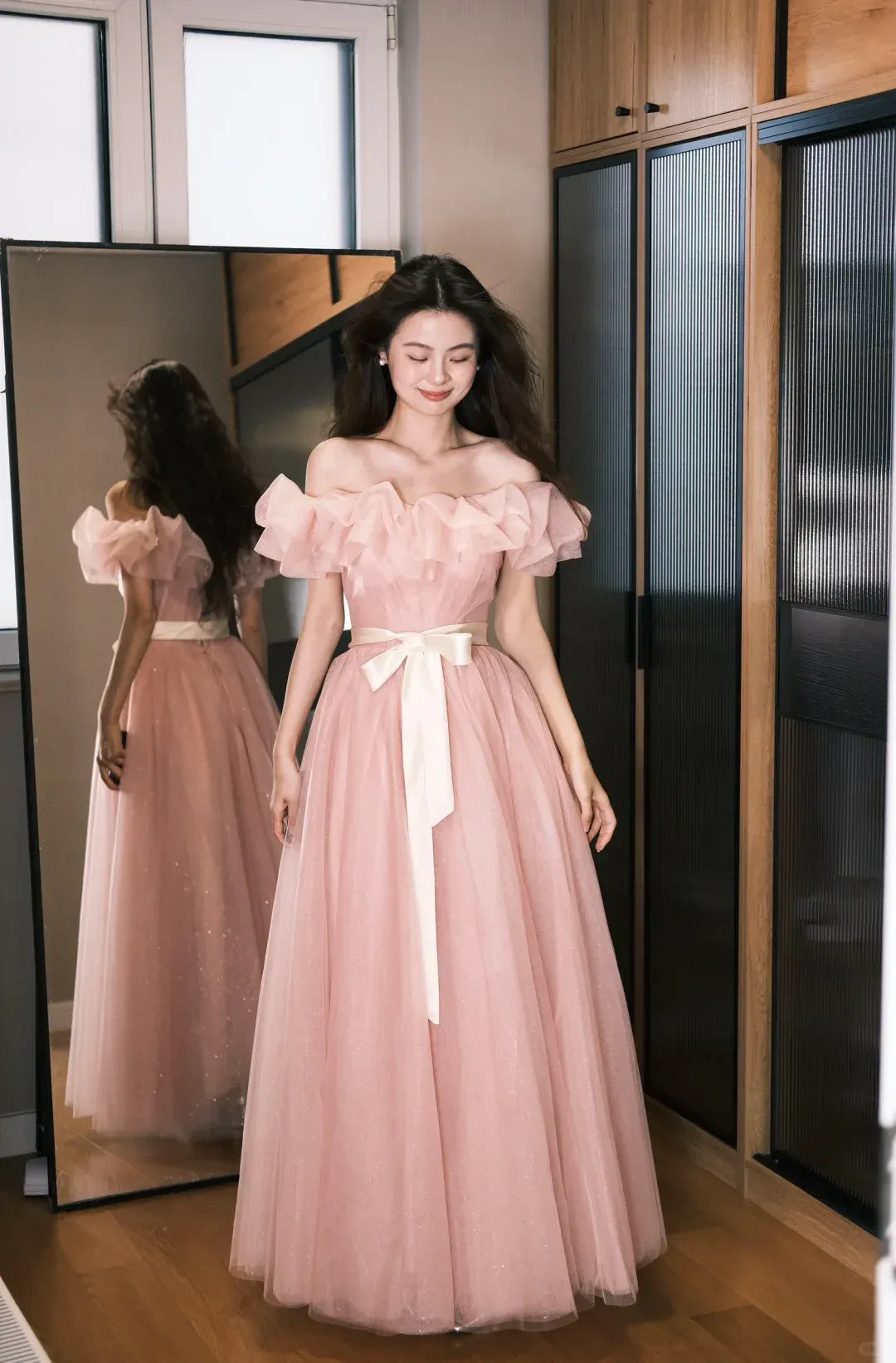 Blush Pink Off-the-Shoulder Ruffled Tulle Gown with Satin Sash