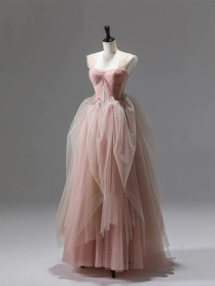 Blush Pink Off-the-Shoulder Tulle Ball Gown with Lace-Up Back