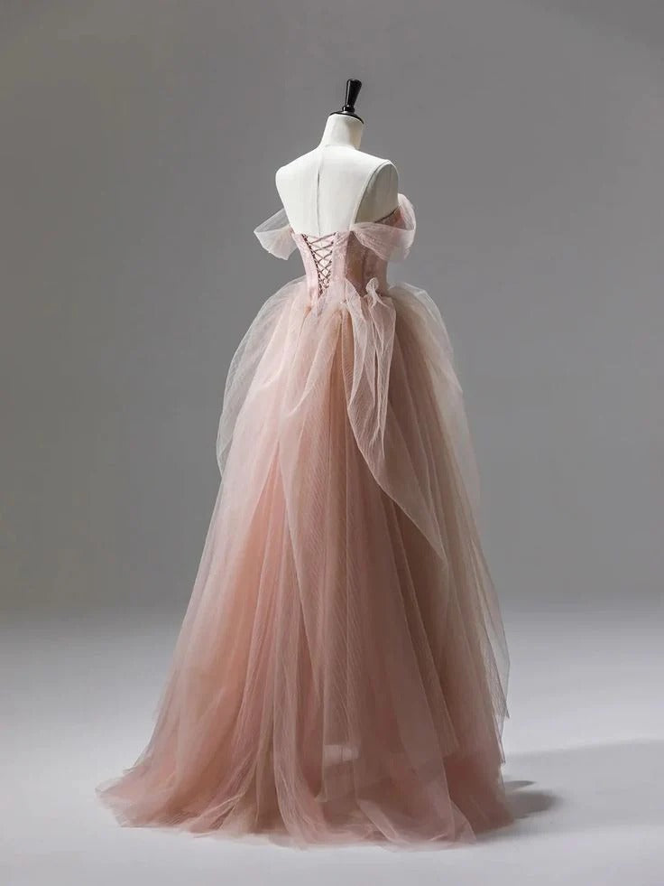 Blush Pink Off-the-Shoulder Tulle Ball Gown with Lace-Up Back
