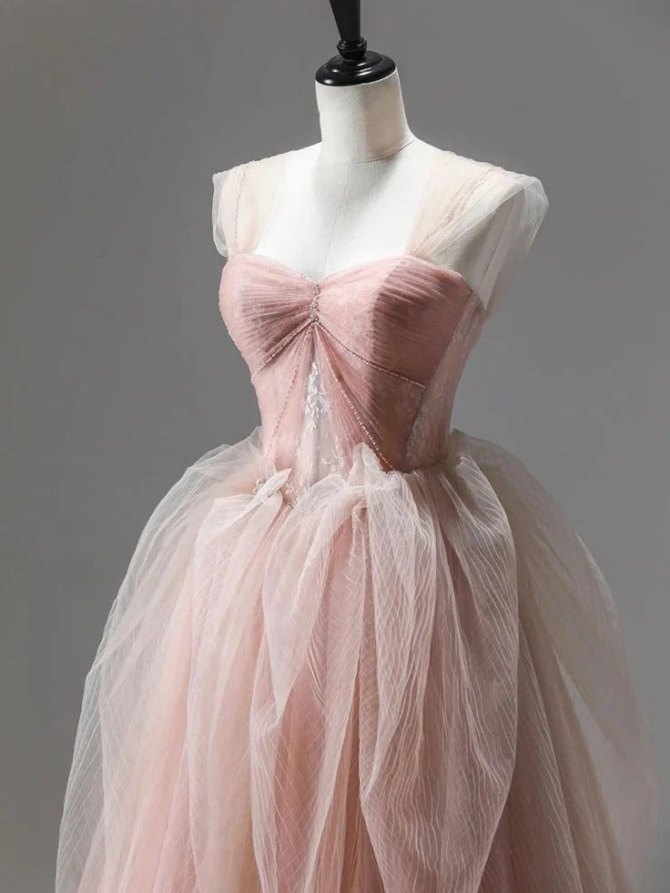 Blush Pink Off-the-Shoulder Tulle Ball Gown with Lace-Up Back