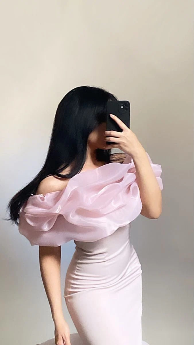 Blush Pink Organza Ruffle Off-the-Shoulder Satin Mermaid Gown