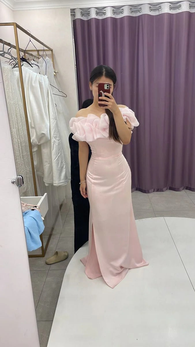 Blush Pink Organza Ruffle Off-the-Shoulder Satin Mermaid Gown