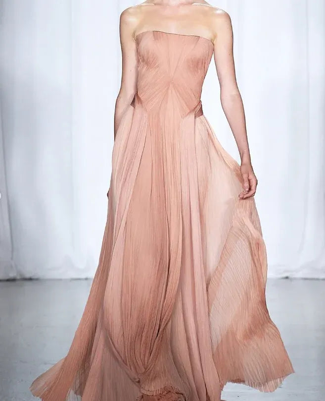 Blush Pink Pleated Chiffon Strapless A-Line Maxi Gown