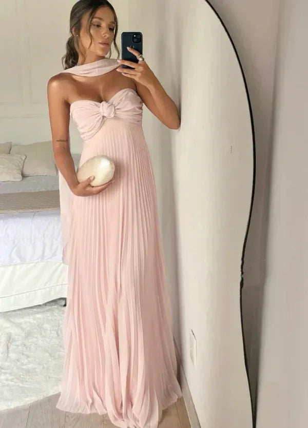 Blush Pink Pleated Halter Knot Maxi Dress – Strapless Formal Bridesmaid Gown
