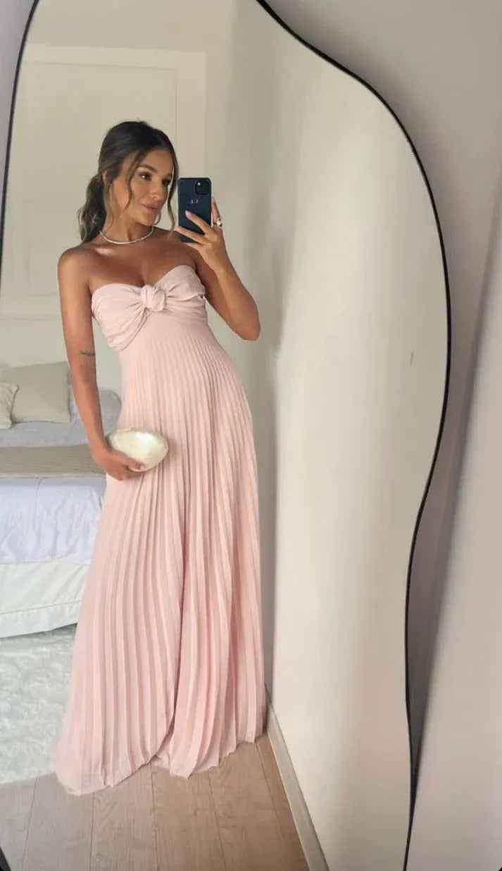 Blush Pink Pleated Halter Knot Maxi Dress – Strapless Formal Bridesmaid Gown