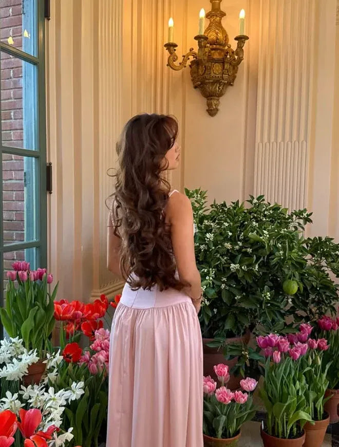 Blush Pink Ruched Bust Maxi Dress – Spaghetti Strap Corset Bodice Flowy Formal Dress