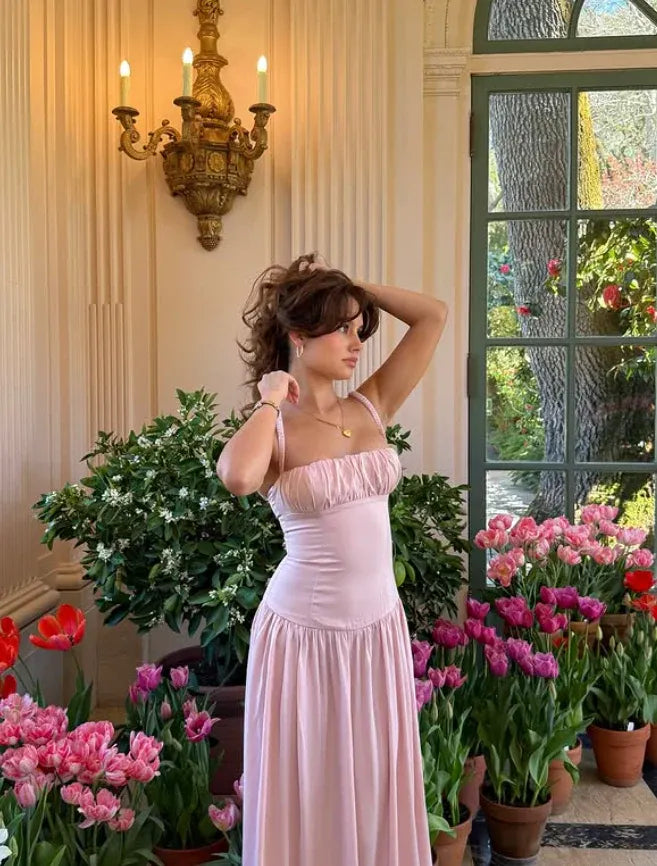 Blush Pink Ruched Bust Maxi Dress – Spaghetti Strap Corset Bodice Flowy Formal Dress