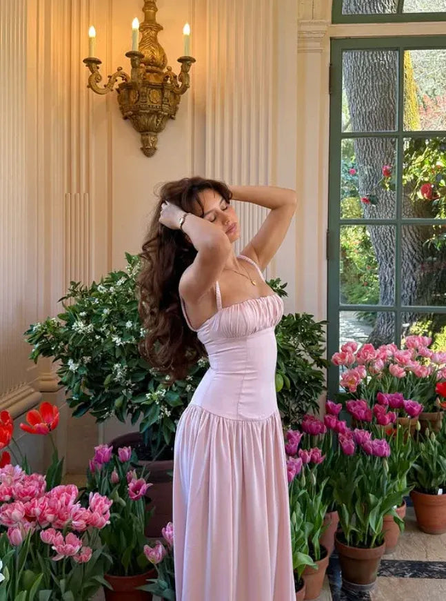 Blush Pink Ruched Bust Maxi Dress – Spaghetti Strap Corset Bodice Flowy Formal Dress