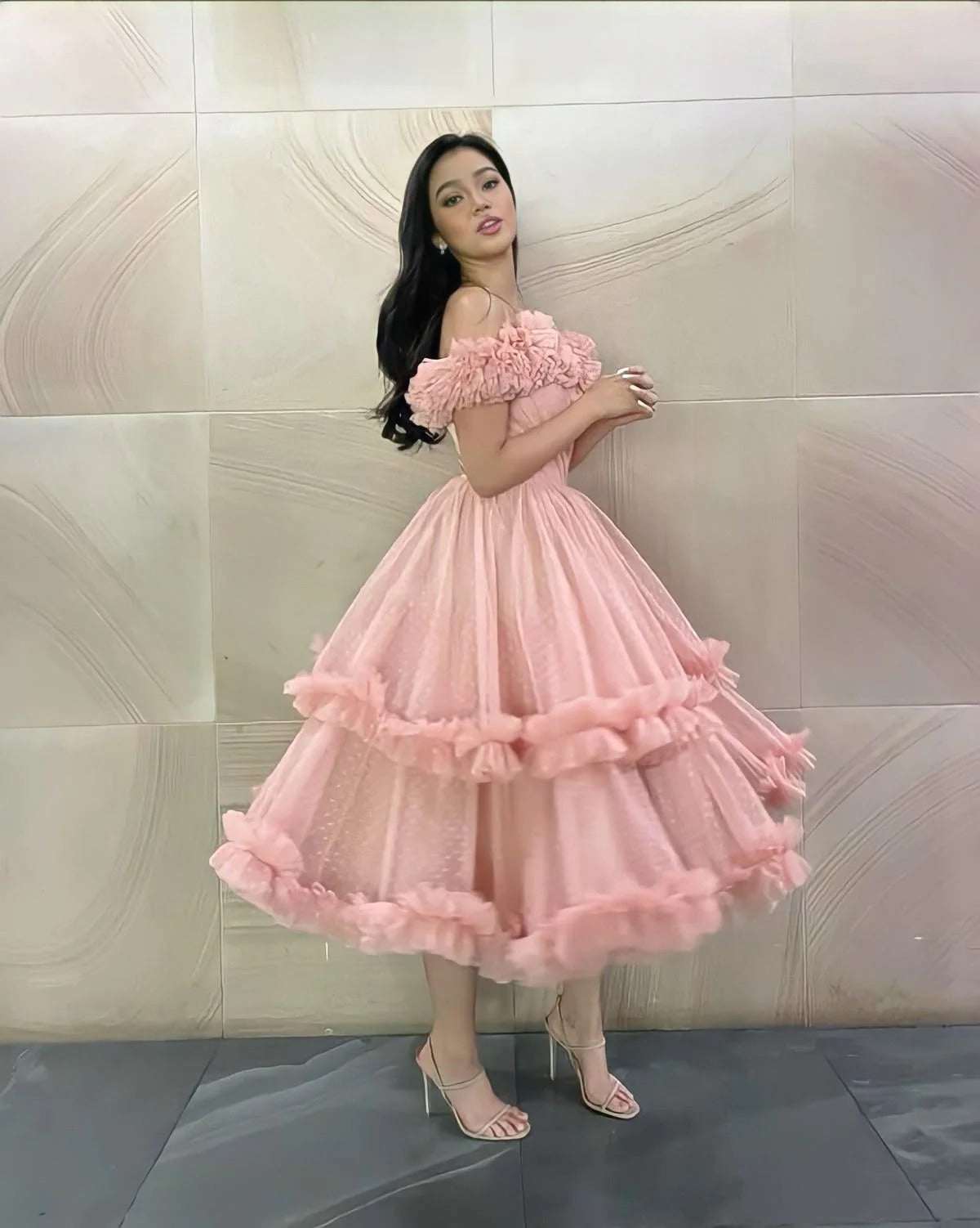 Blush Pink Ruffle Off-the-Shoulder Tiered Tulle Midi Dress