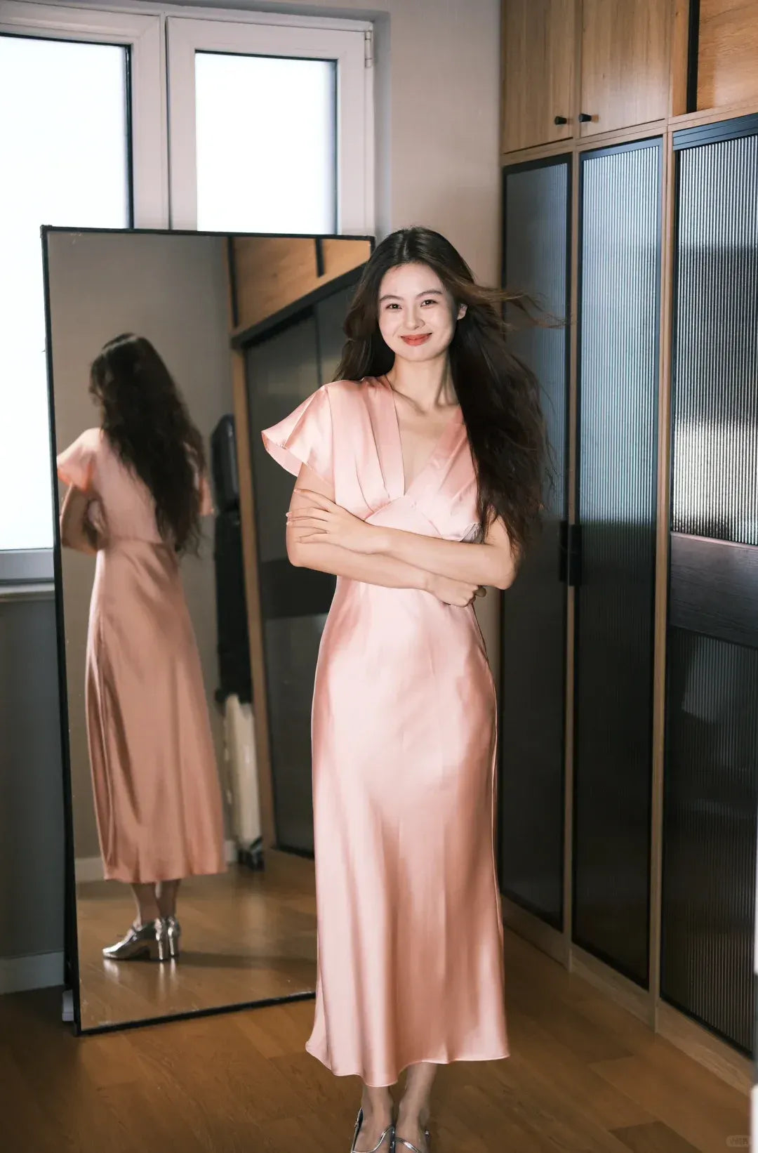 Blush Pink Satin Flutter Sleeve V-Neck Midi Dress