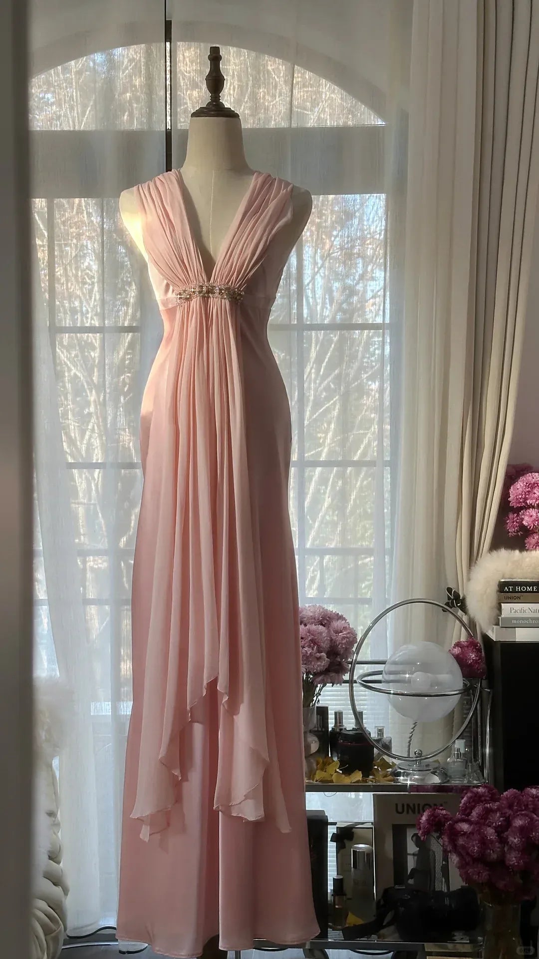 Blush Pink Satin Gown with Ruched Bodice and Crisscross Open Back