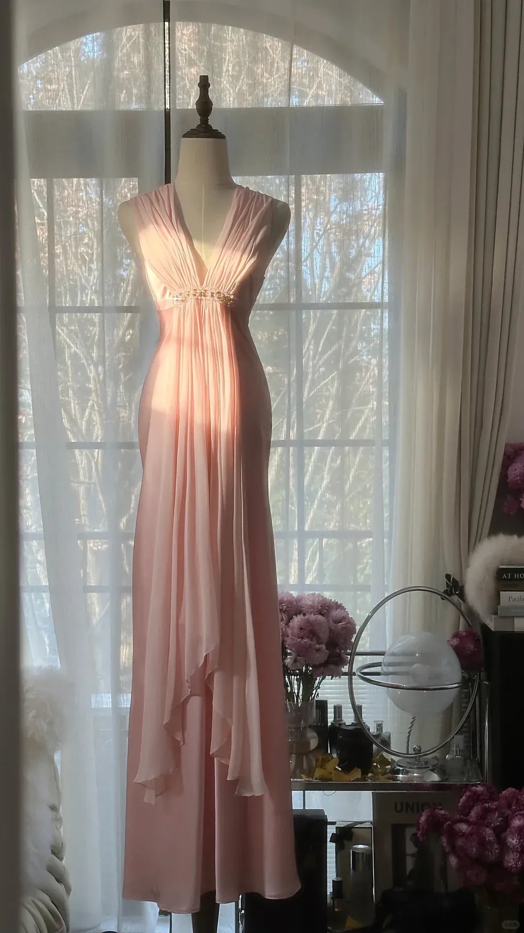 Blush Pink Satin Gown with Ruched Bodice and Crisscross Open Back