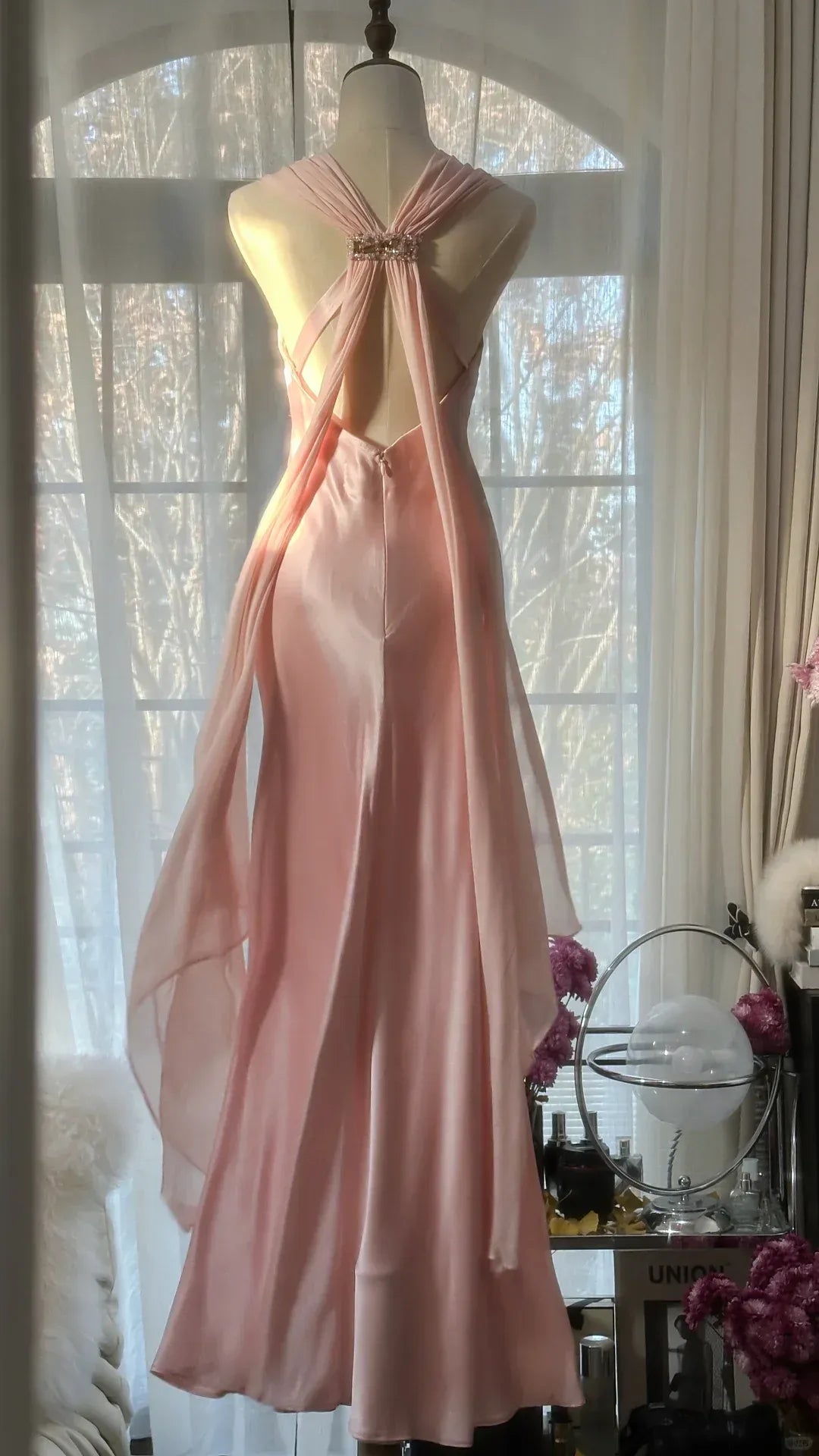 Blush Pink Satin Gown with Ruched Bodice and Crisscross Open Back