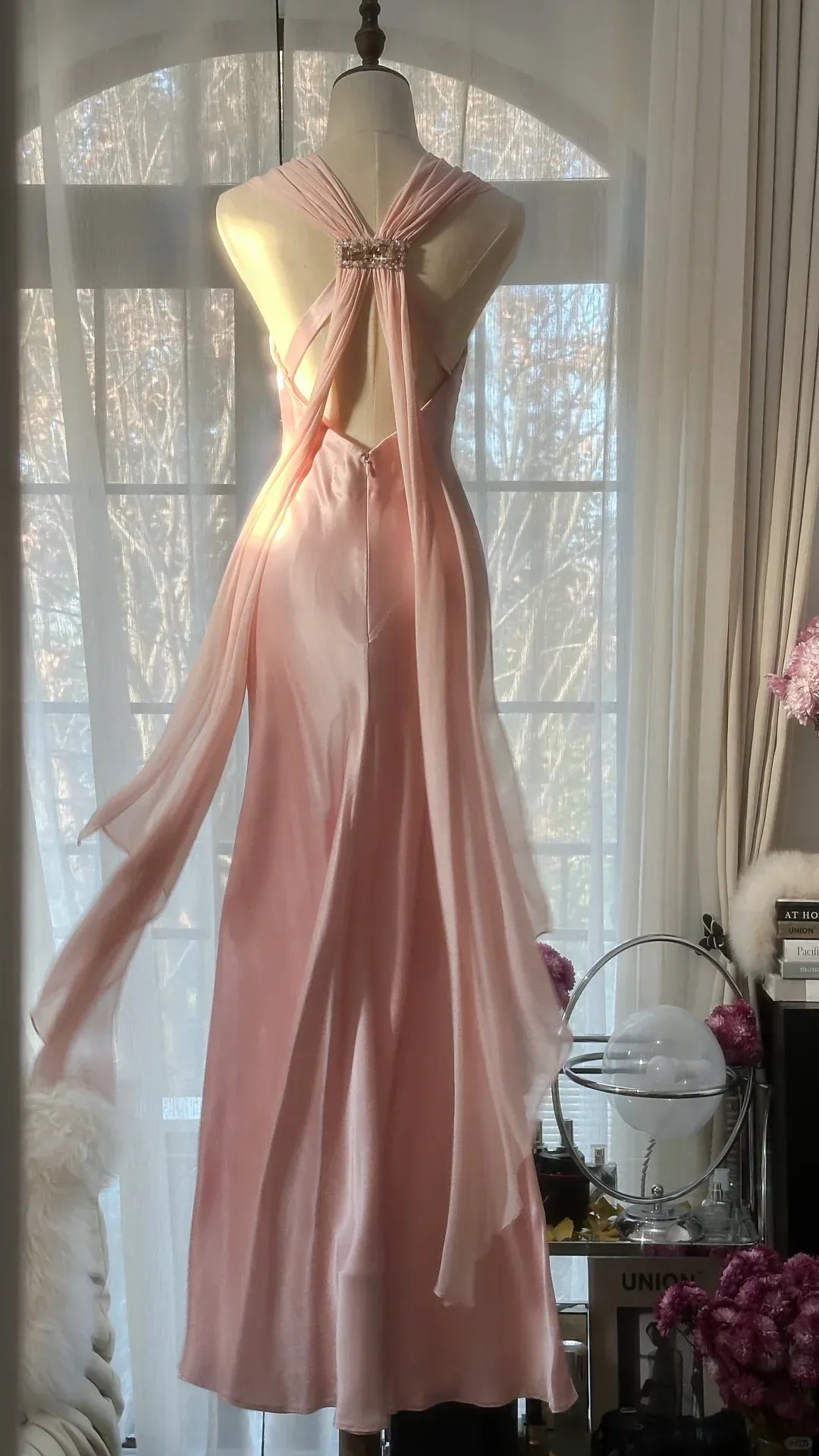 Blush Pink Satin Gown with Ruched Bodice and Crisscross Open Back