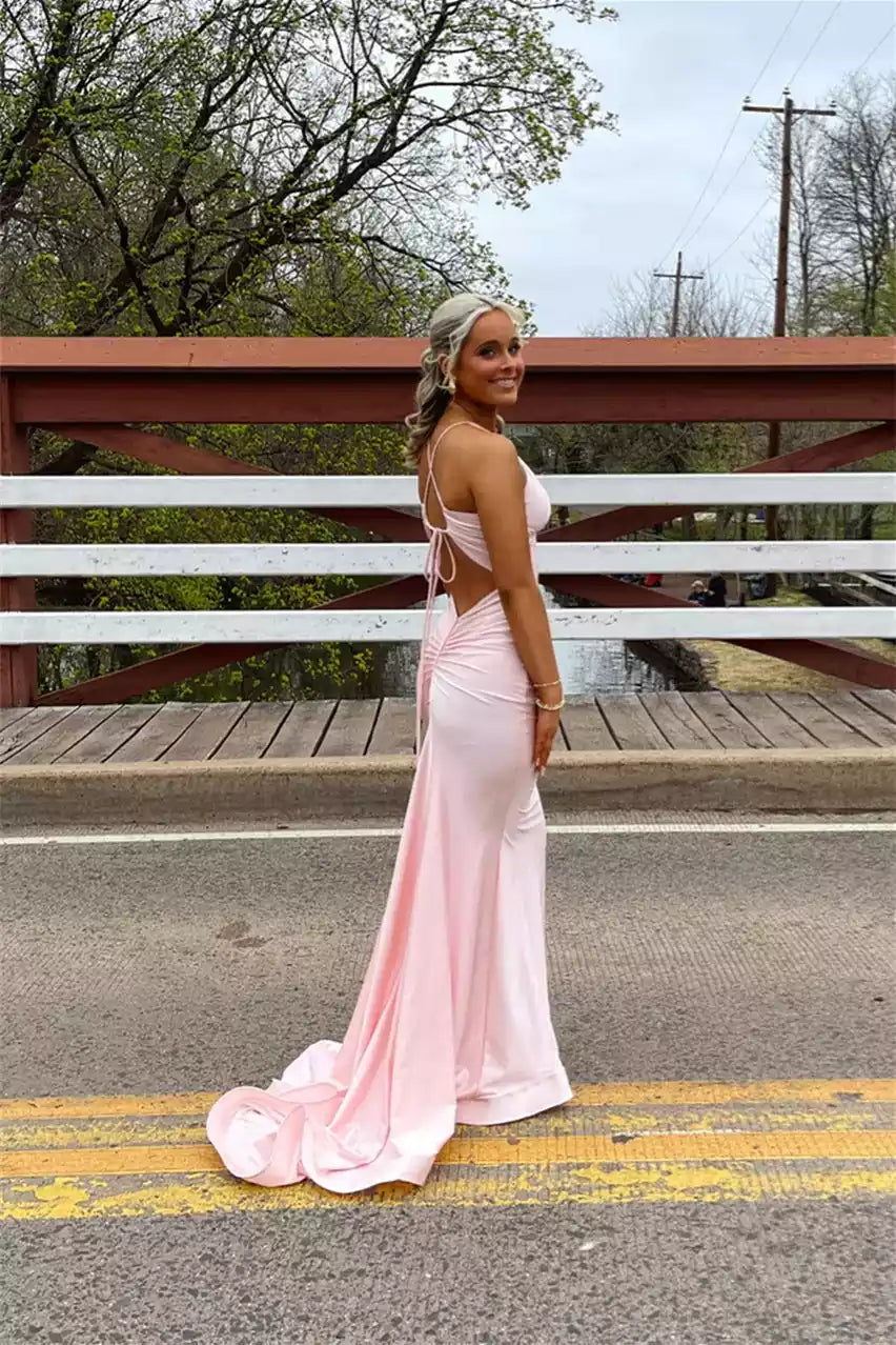 Blush Pink Satin Halter Cutout Gown – Romantic & Refined Evening Party Dress