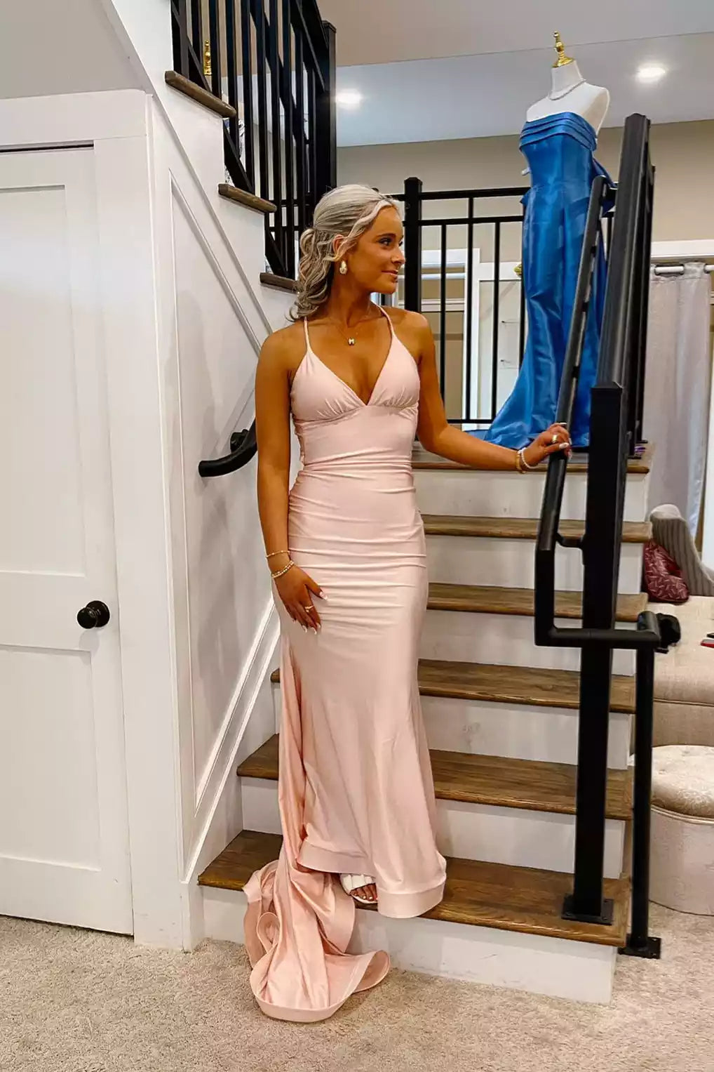 Blush Pink Satin Halter Cutout Gown – Romantic & Refined Evening Party Dress