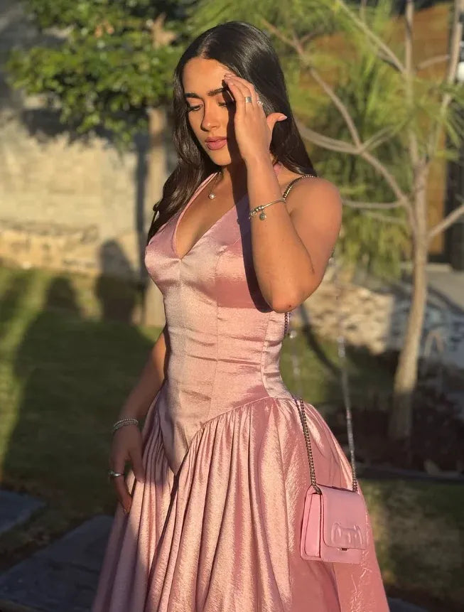 Blush Pink Satin Halter V-Neck Fitted A-Line Midi Dress