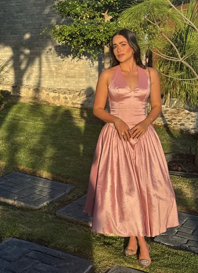 Blush Pink Satin Halter V-Neck Fitted A-Line Midi Dress