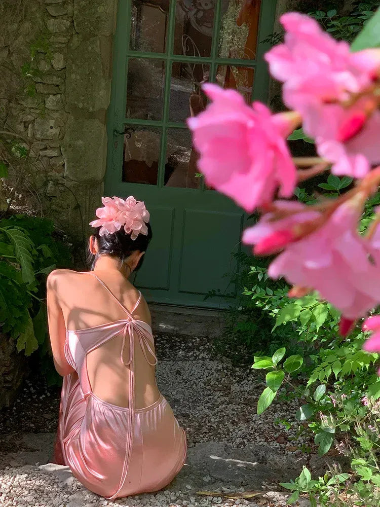 Blush Pink Satin Lace Trim Bow Maxi Dress