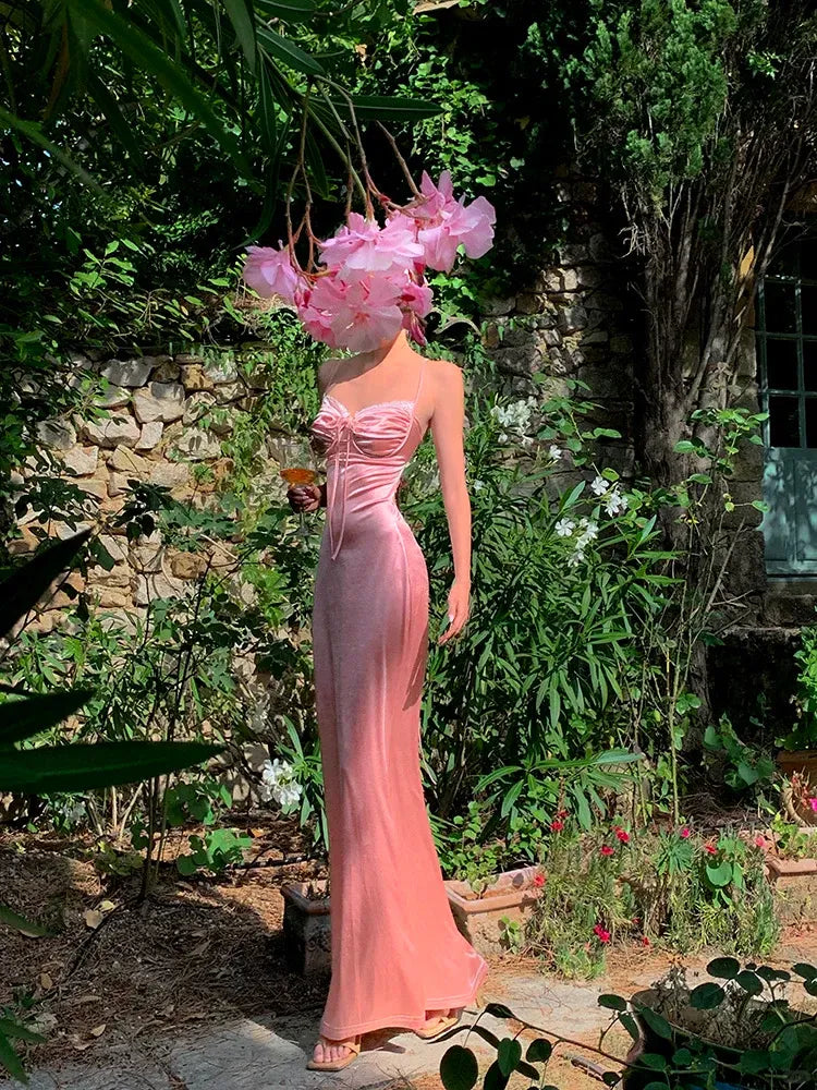 Blush Pink Satin Lace Trim Bow Maxi Dress