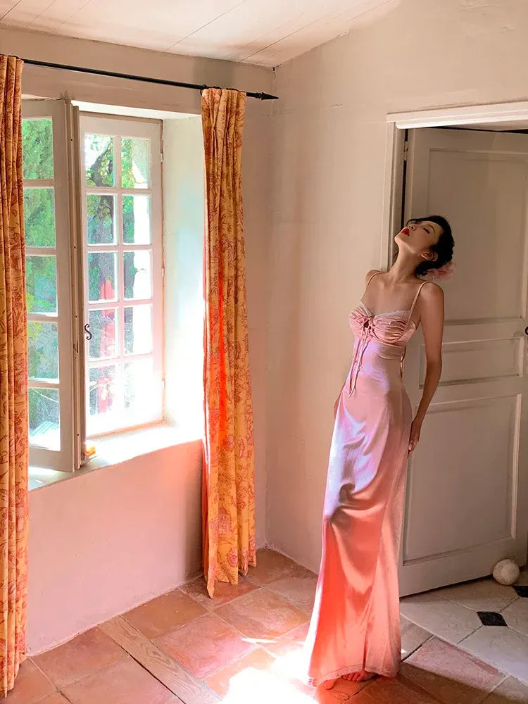 Blush Pink Satin Lace Trim Bow Maxi Dress