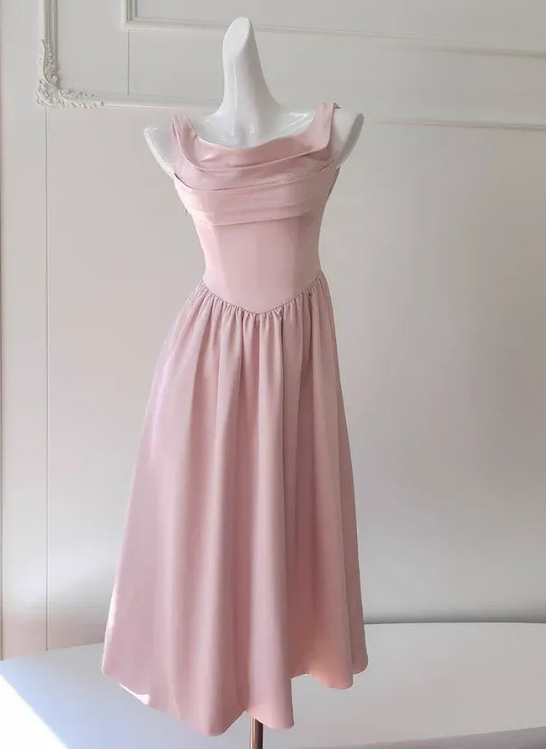 Blush Pink Satin Midi Dress – Cowl Neck Lace-Up Back Formal Gown
