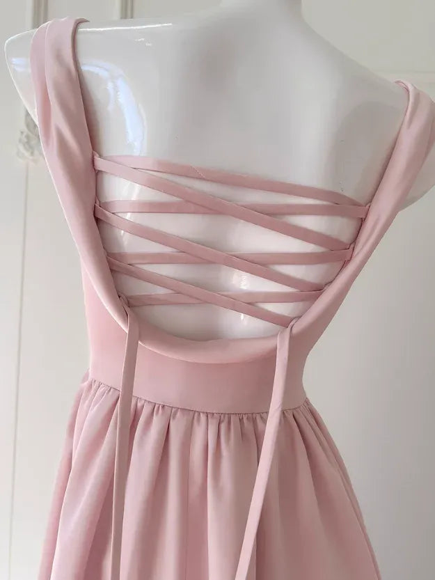 Blush Pink Satin Midi Dress – Cowl Neck Lace-Up Back Formal Gown