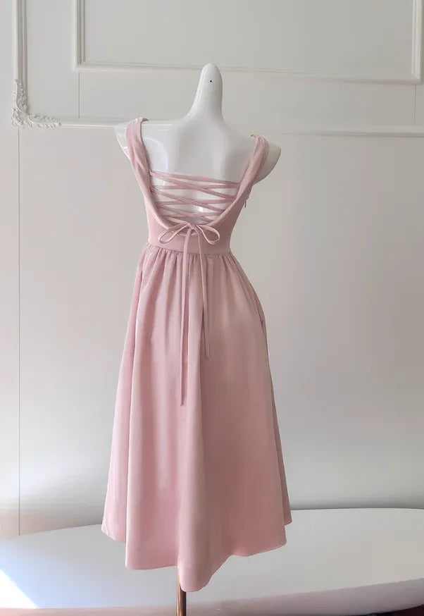 Blush Pink Satin Midi Dress – Cowl Neck Lace-Up Back Formal Gown