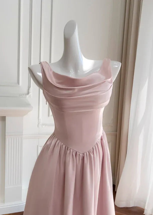 Blush Pink Satin Midi Dress – Cowl Neck Lace-Up Back Formal Gown
