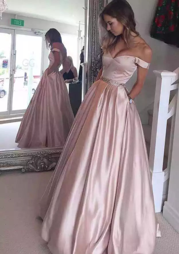 Blush Pink Satin Off-Shoulder A-Line Gown – Elegant & Romantic Evening Party Dress