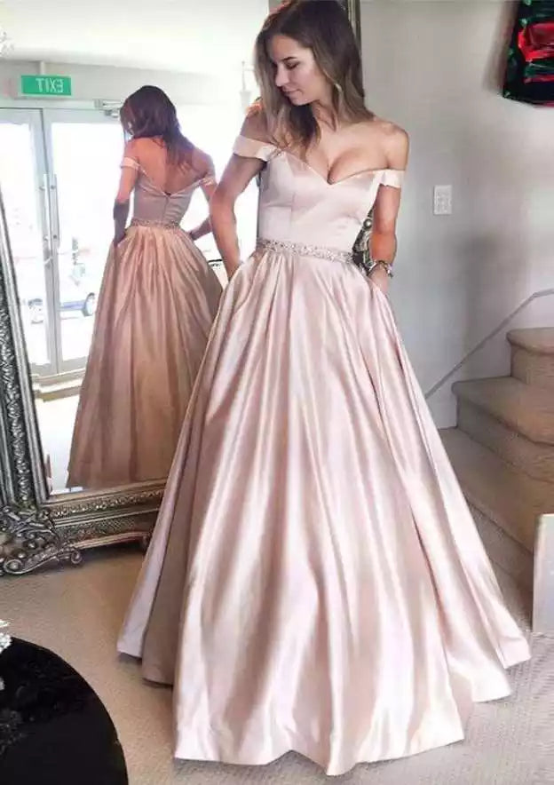 Blush Pink Satin Off-Shoulder A-Line Gown – Elegant & Romantic Evening Party Dress