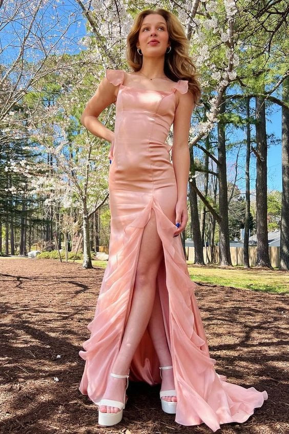 Blush Pink Satin Ruffle Trim Lace-Up Back Prom Gown