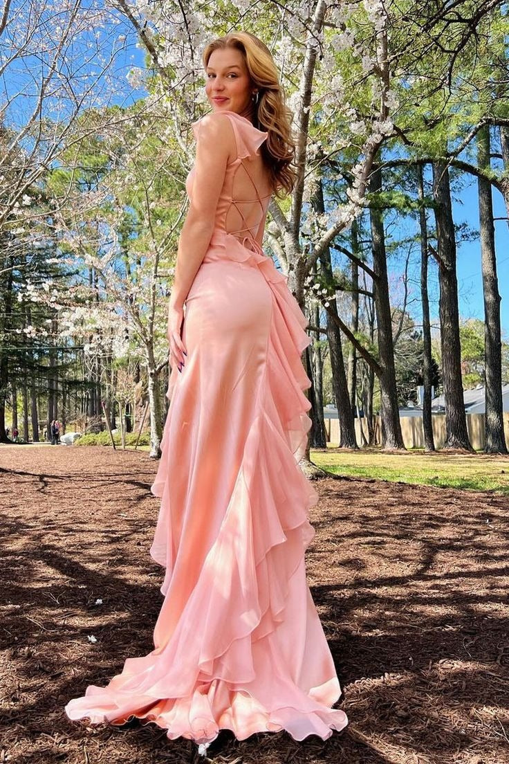 Blush Pink Satin Ruffle Trim Lace-Up Back Prom Gown