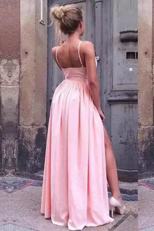 Blush Pink Satin Spaghetti Strap Deep V Slit A-Line Gown – Soft & Alluring Evening Party Dress