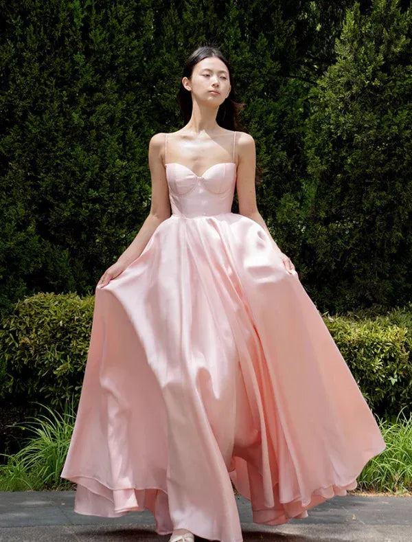 Blush Pink Satin Spaghetti Strap Sweetheart Neck Ball Gown