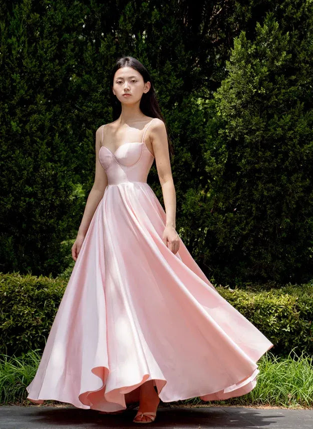 Blush Pink Satin Spaghetti Strap Sweetheart Neck Ball Gown
