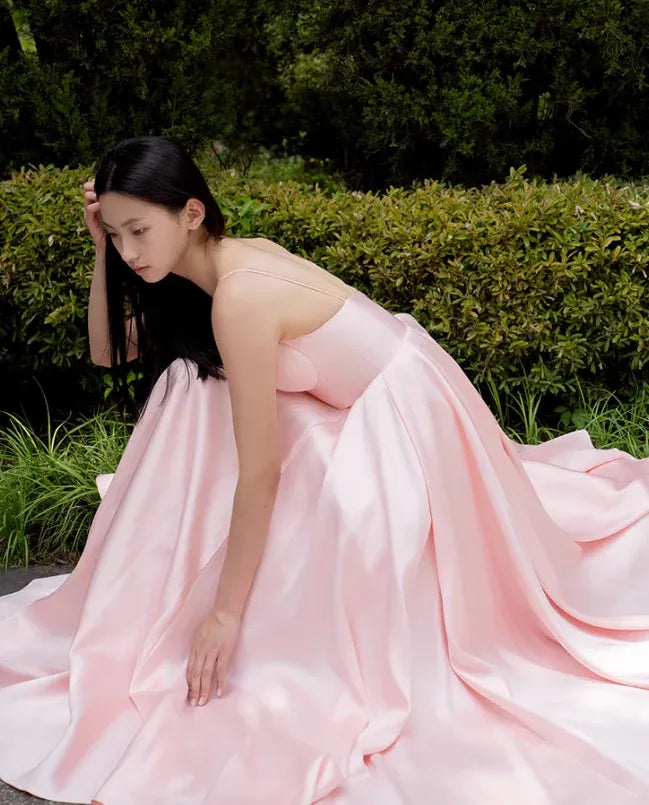 Blush Pink Satin Spaghetti Strap Sweetheart Neck Ball Gown
