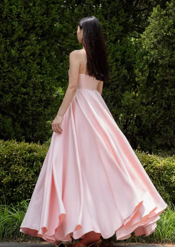 Blush Pink Satin Spaghetti Strap Sweetheart Neck Ball Gown