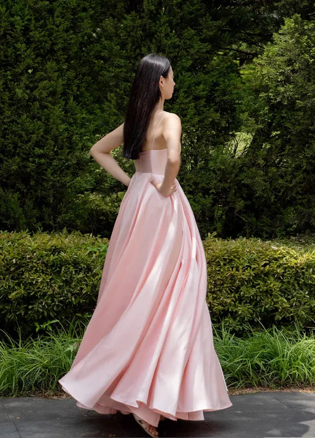 Blush Pink Satin Spaghetti Strap Sweetheart Neck Ball Gown