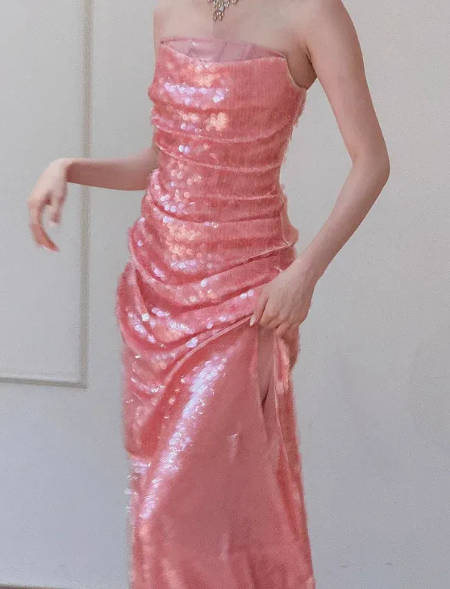Blush Pink Sequin Strapless Ruched Mermaid Gown