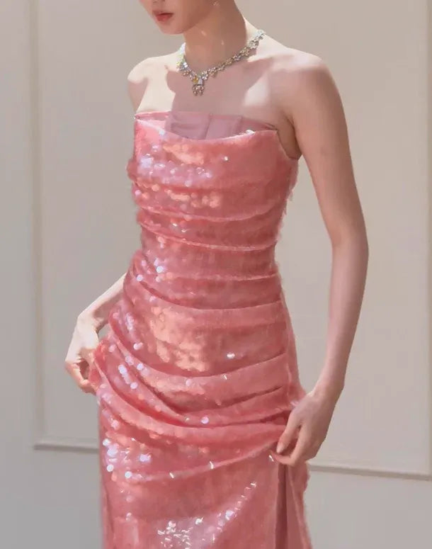 Blush Pink Sequin Strapless Ruched Mermaid Gown