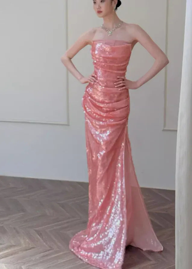 Blush Pink Sequin Strapless Ruched Mermaid Gown