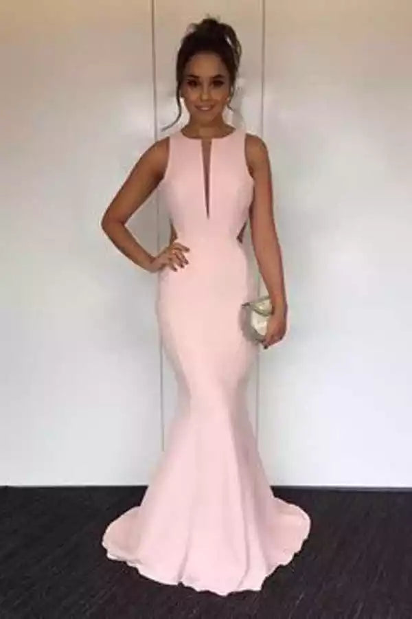Blush Pink Sleeveless Cut-Out Mermaid Gown – Soft & Elegant Evening Party Dress