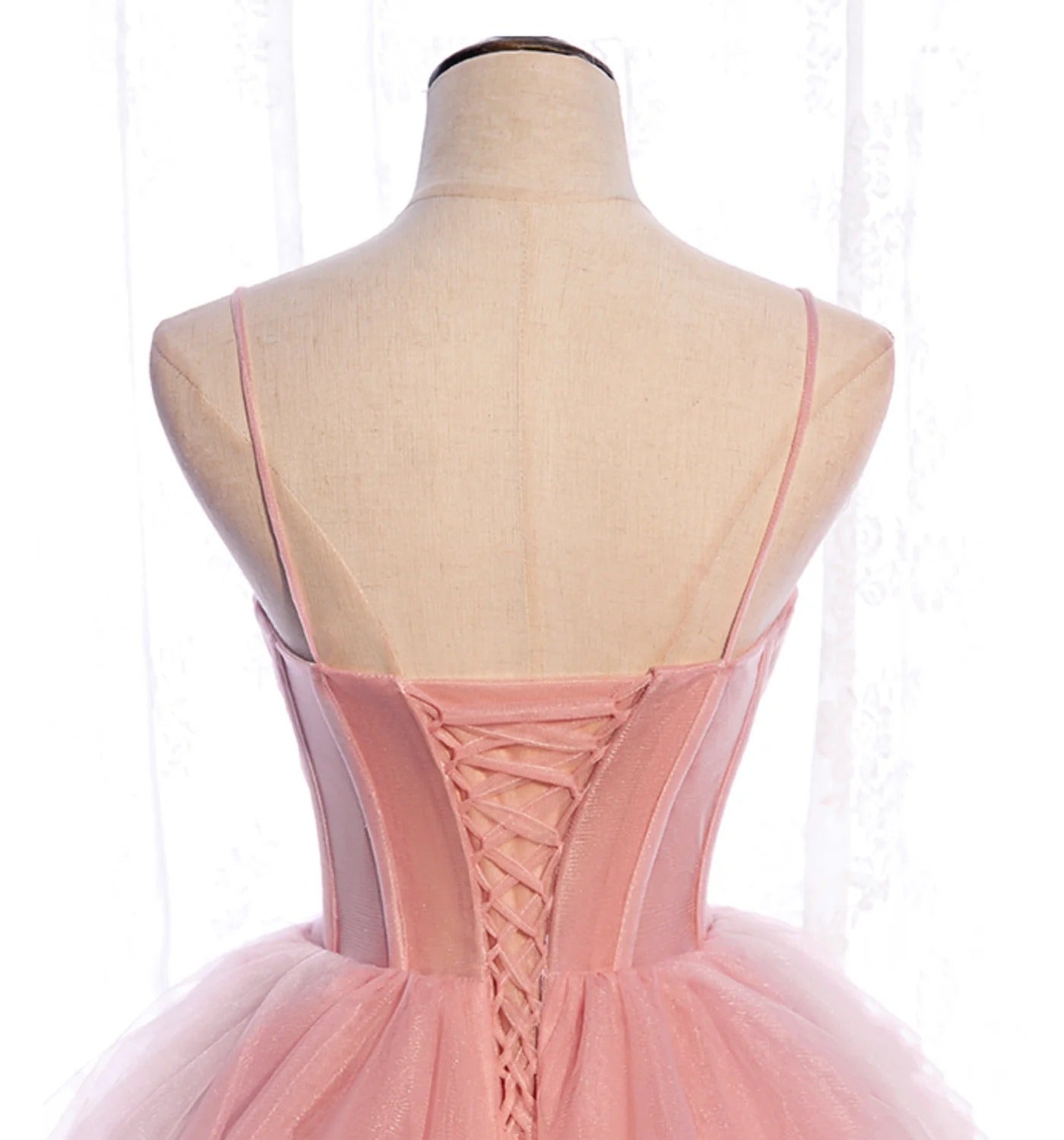 Blush Pink Spaghetti-Strap Corset Peplum Tulle A-Line Ball Gown with Lace-Up Back