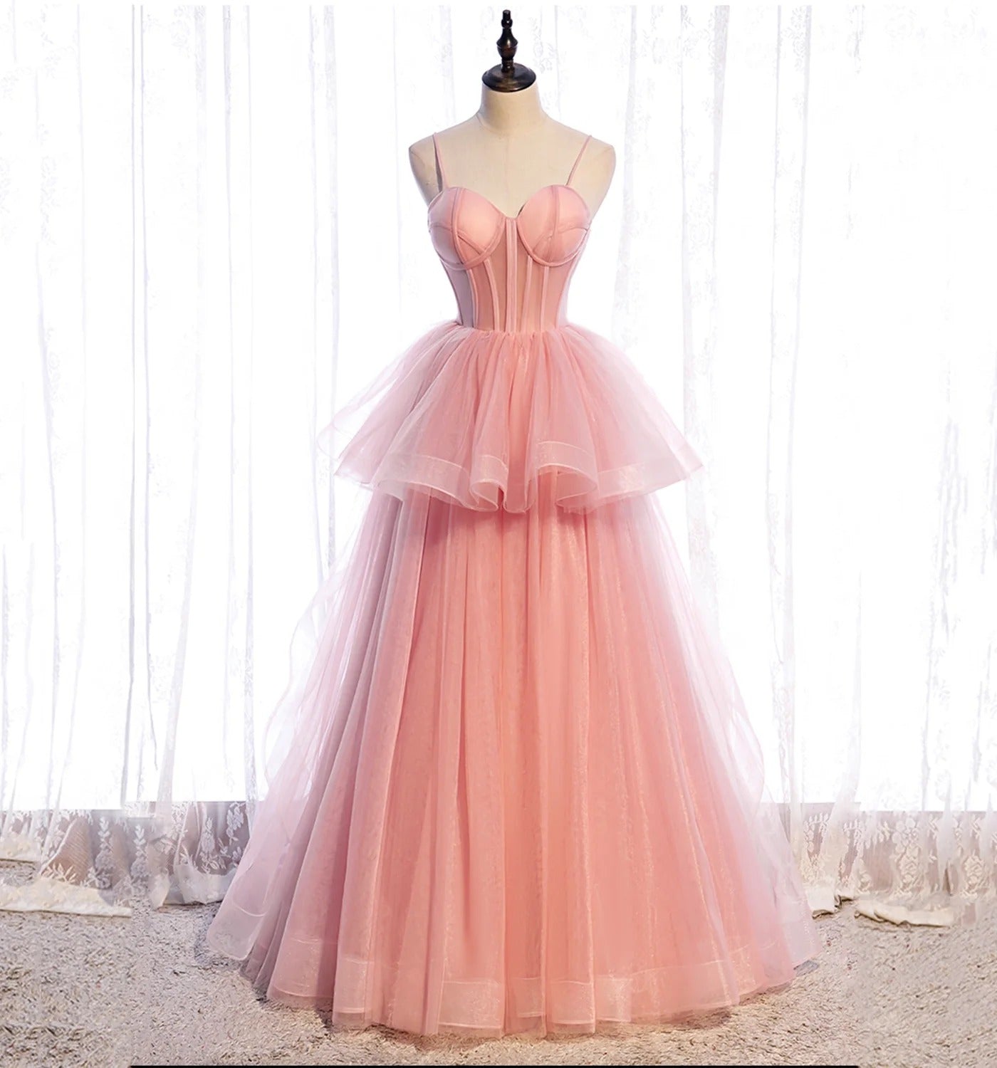 Blush Pink Spaghetti-Strap Corset Peplum Tulle A-Line Ball Gown with Lace-Up Back