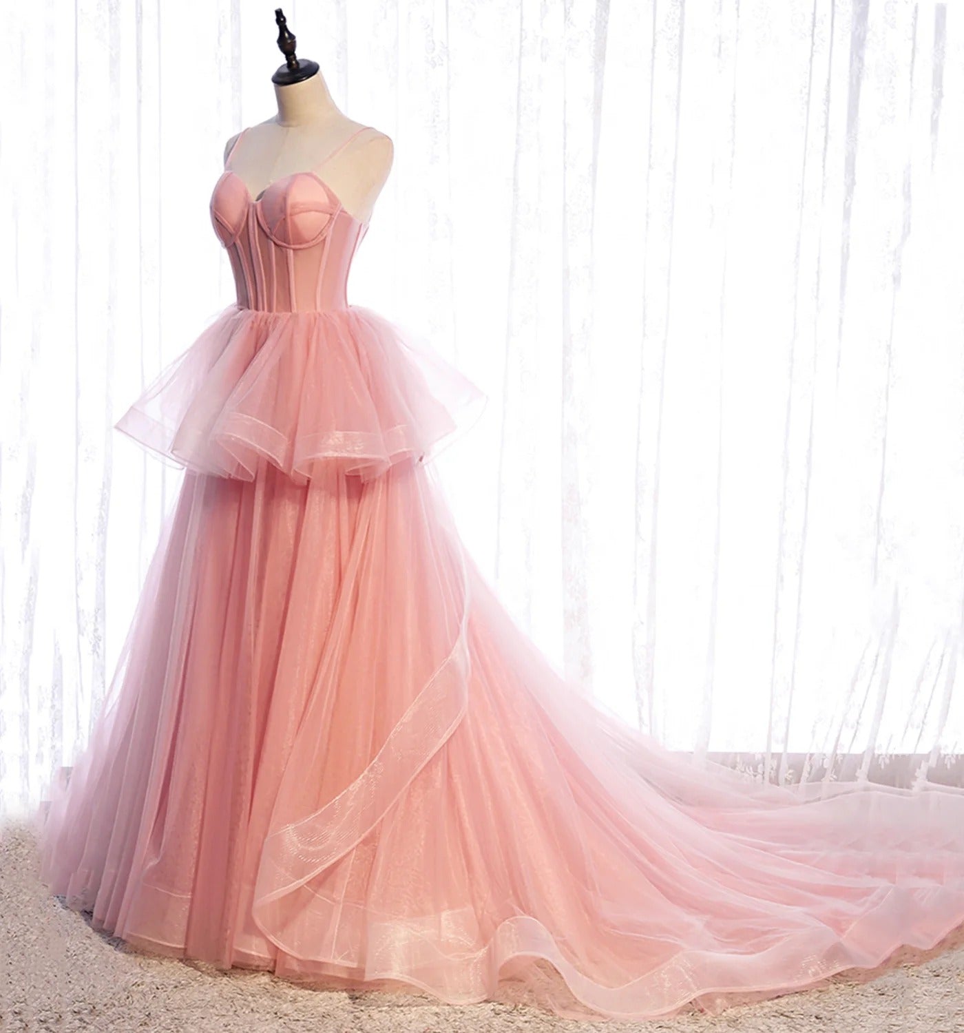 Blush Pink Spaghetti-Strap Corset Peplum Tulle A-Line Ball Gown with Lace-Up Back