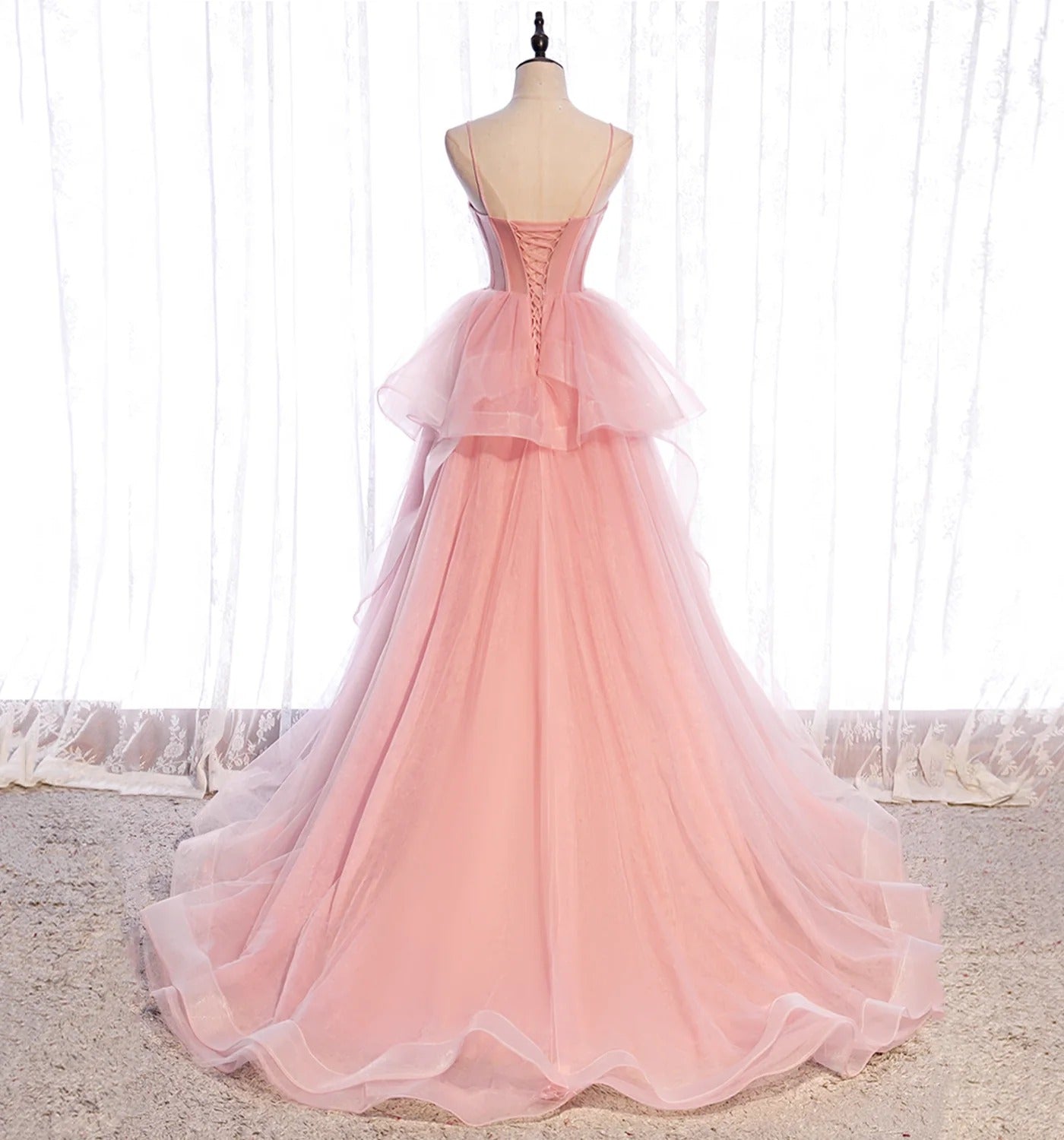 Blush Pink Spaghetti-Strap Corset Peplum Tulle A-Line Ball Gown with Lace-Up Back